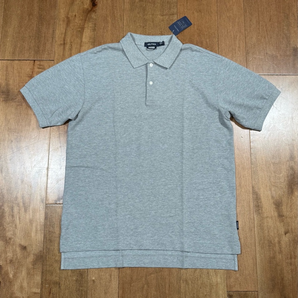 Nautica 100% Cotton Grey Heathered Short Sleeve Polo Collared Shirt Mens Lg NWT